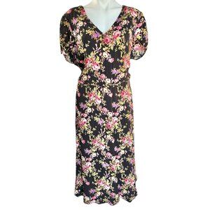 WAYF Womens 3X Floral Crinkle V Neck Midi Dress Black Pink Grn Roses Cottage